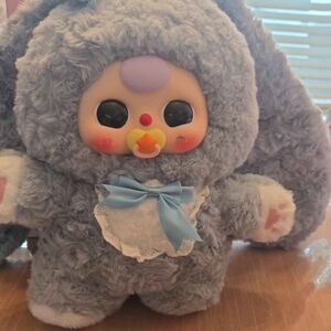 Charming Gray Plush Bunny with Blue Bow